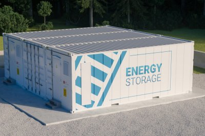 Concept of energy storage unit consisting of multiple conected containers with batteries. 3d rednering.