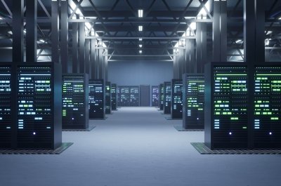 Operational server clusters in computer network security data storage facility. Mainframes providing processing power and memory resources for tedious workloads, 3D render animation