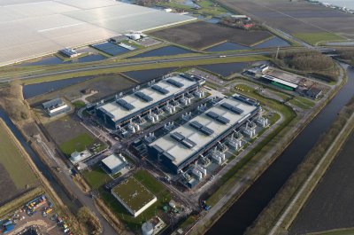 Data center, super computer, quantum computing, storage clouds space and internet infrastructure in the Netherlands, aerial drone video.