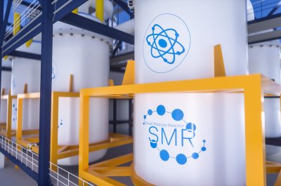 salt energy storage natrium sodium nuclear reactor power plant on a sunny day. Molden Salt energy storage is a future energy concept. 3d rendering
