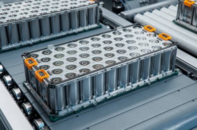 Lithium-ion High-voltage Battery Component for Electric Vehicle or Hybrid Car. Battery Module for Automotive Industry on Production Line. High Capacity Battery on Conveyor.